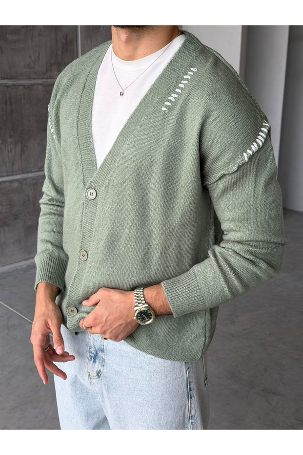 Contrast Stitching Detailed Oversize V-Neck Knitwear Cardigan t Green