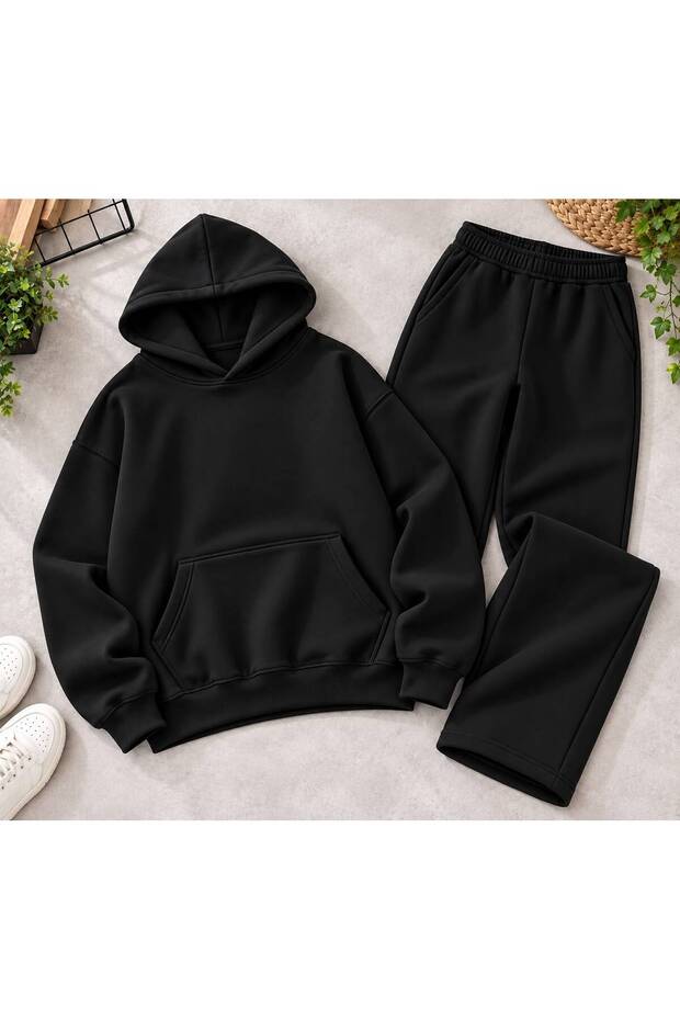 Unisex Plain Basic Hooded Oversize Tracksuit Set - Two-Piece Cotton Set with Kangaroo Pockets