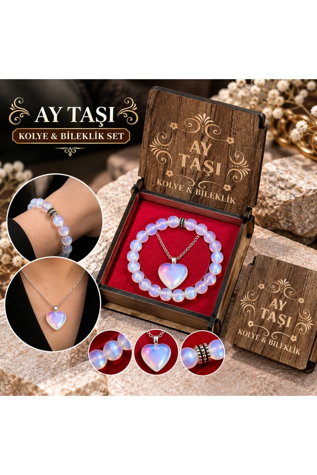 Genuine Moonstone Necklace and Bracelet Jewelry with Special Wooden Box - Natural Stone Gift Set