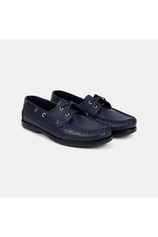 Men's Navy Blue Leather Boat Shoes with Lace Detail