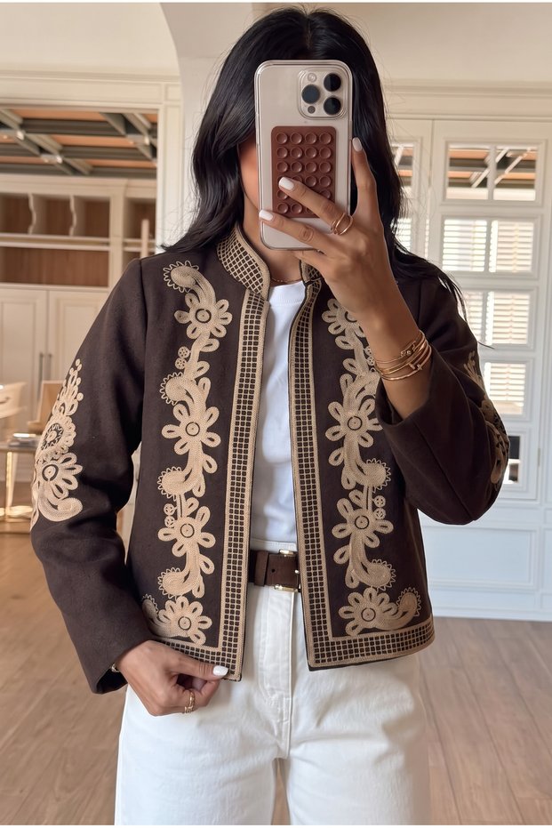 Women's Brown Ethnic Embroidered Lined Jacket – Bohemian Style Floral Embroidered Stand Collar Design