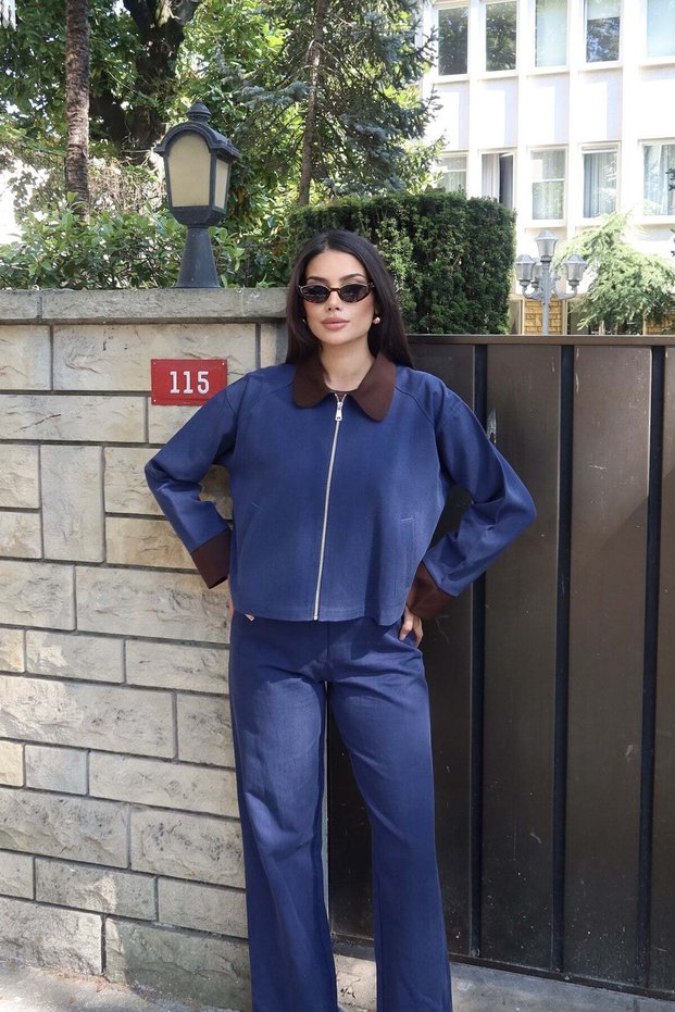 Gabardine Fabric Pants Navy Blue