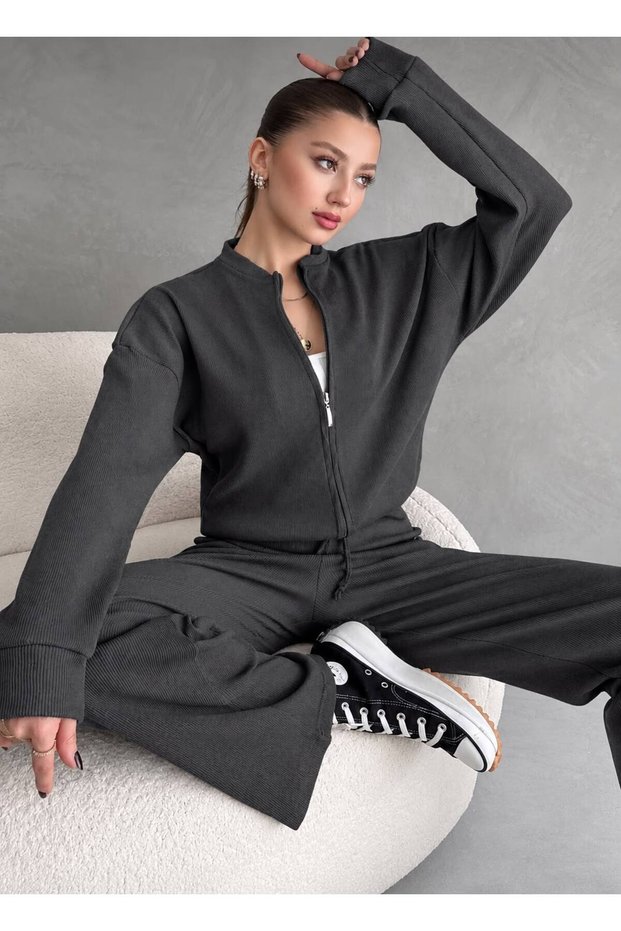Anthracite Camisole Pants Bomber Jacket Women's Top and Bottom Set