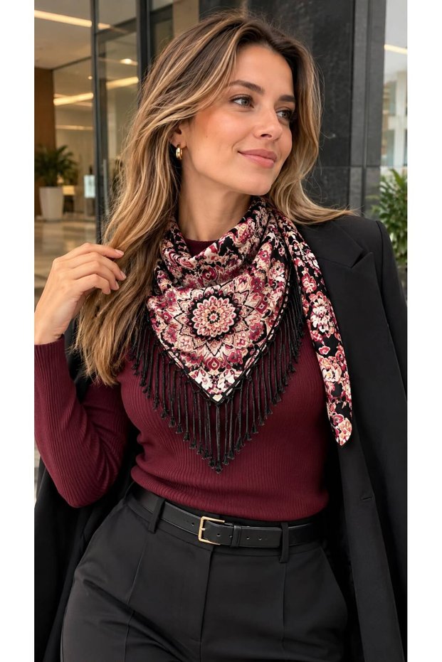 Black Ethnic Patterned Tasseled Women's Collar Scarf