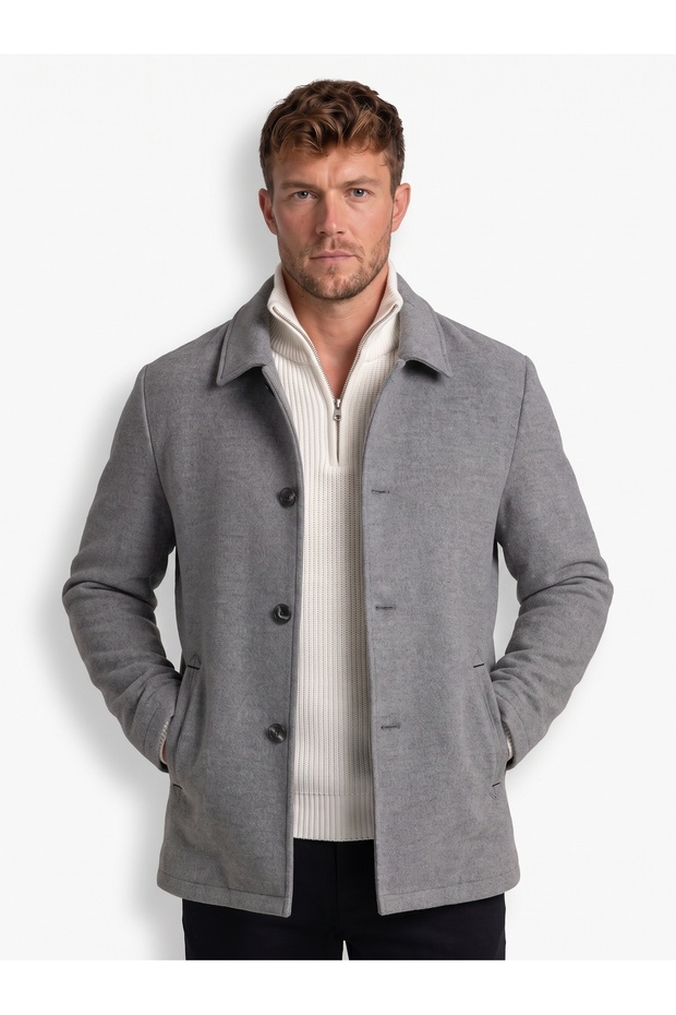 Men's Gray Classic Collar Buttoned Short Cashmere Coat