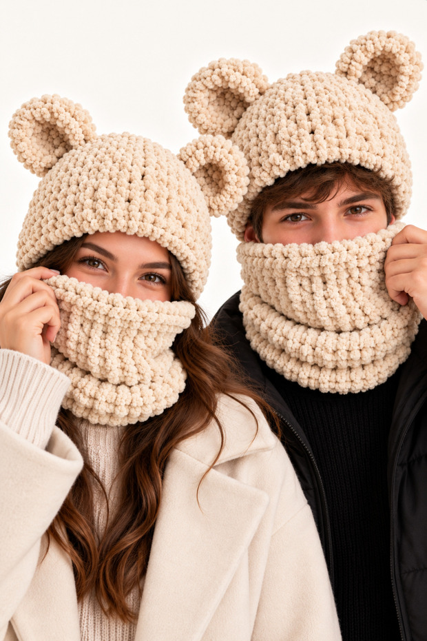 Unisex Puffy Balaklava with Ears Knitted Hood Neck Collar Light Cream Beige Winter Beanie Scarf 1Pc
