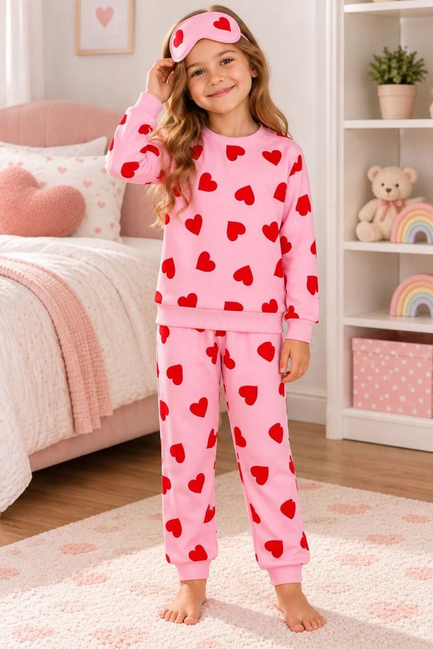 Girl's Cotton Cotton-Padded Pink Patterned Eye Patched Long Sleeve Winter Pajama Set