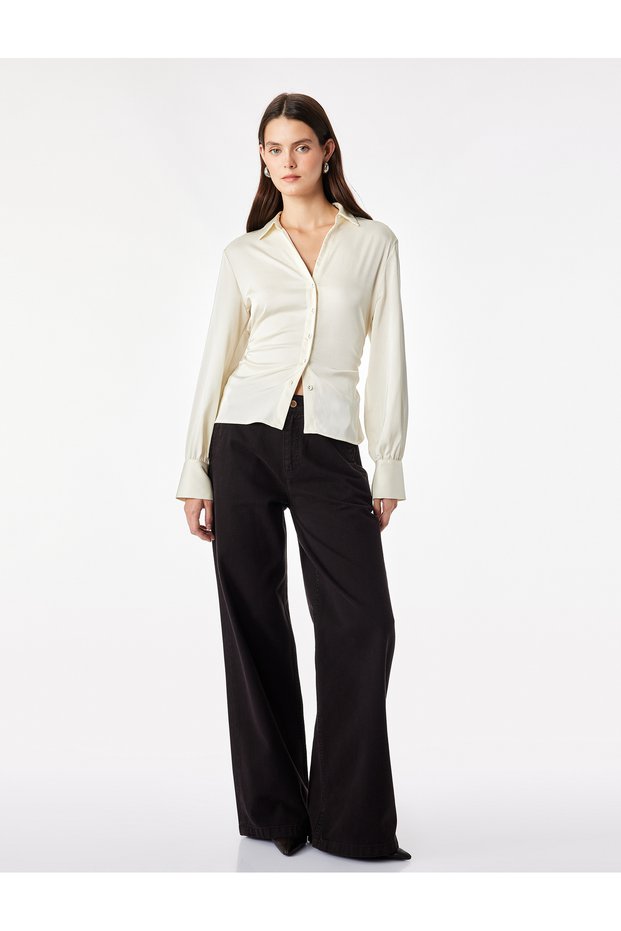 Slim Fit Long Sleeve Gathered Collar Satin Shirt