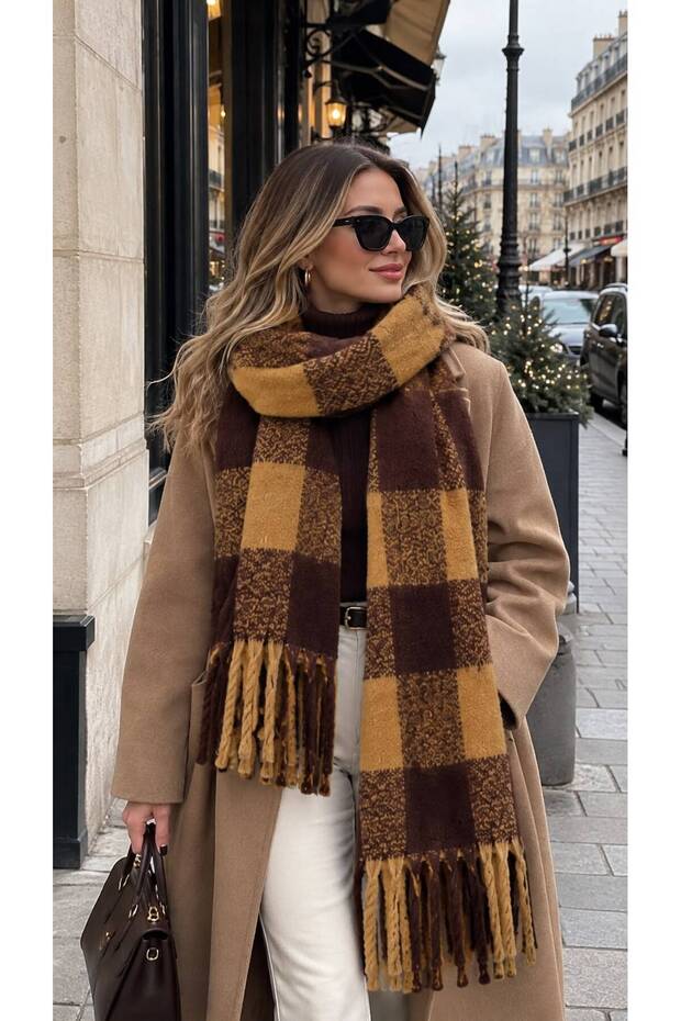 Coffee Plaid Patterned Soft Textured Tasseled Thick Scarf Shawl 210X43 cm