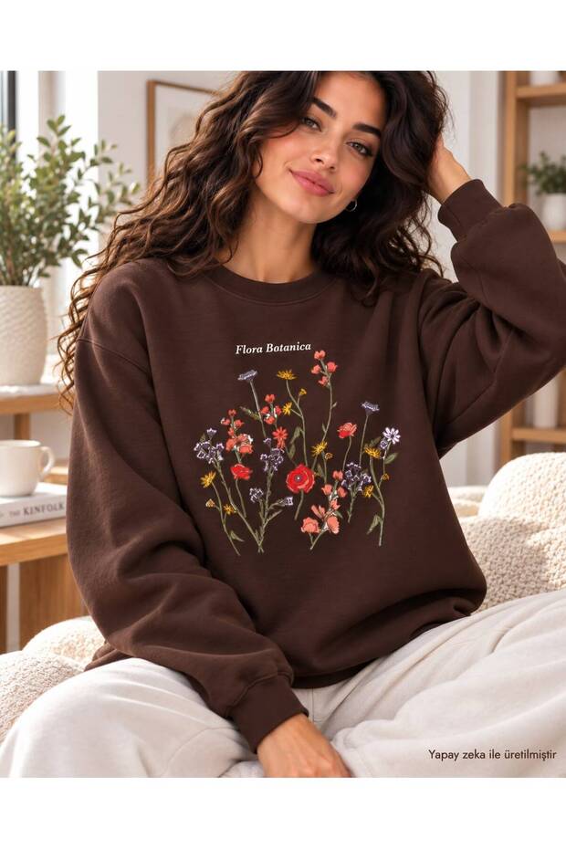 Women's Botanical Flower Field and Text Graphic Print Oversized Sweatshirt - Crew Neck Drop Shoulder Winter Sweatshirt