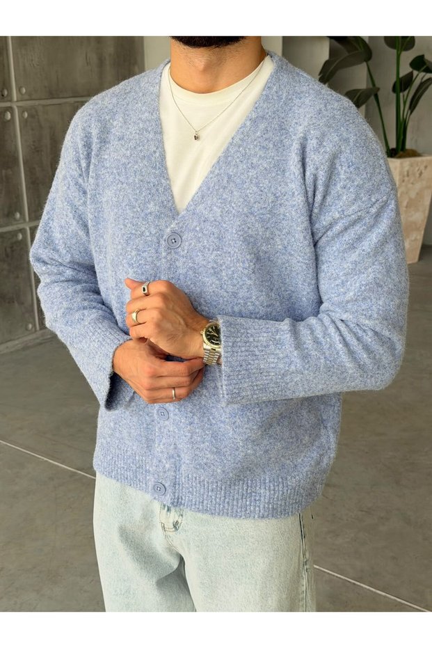 Soft Textured V-Neck Knitwear Cardigan t Blue