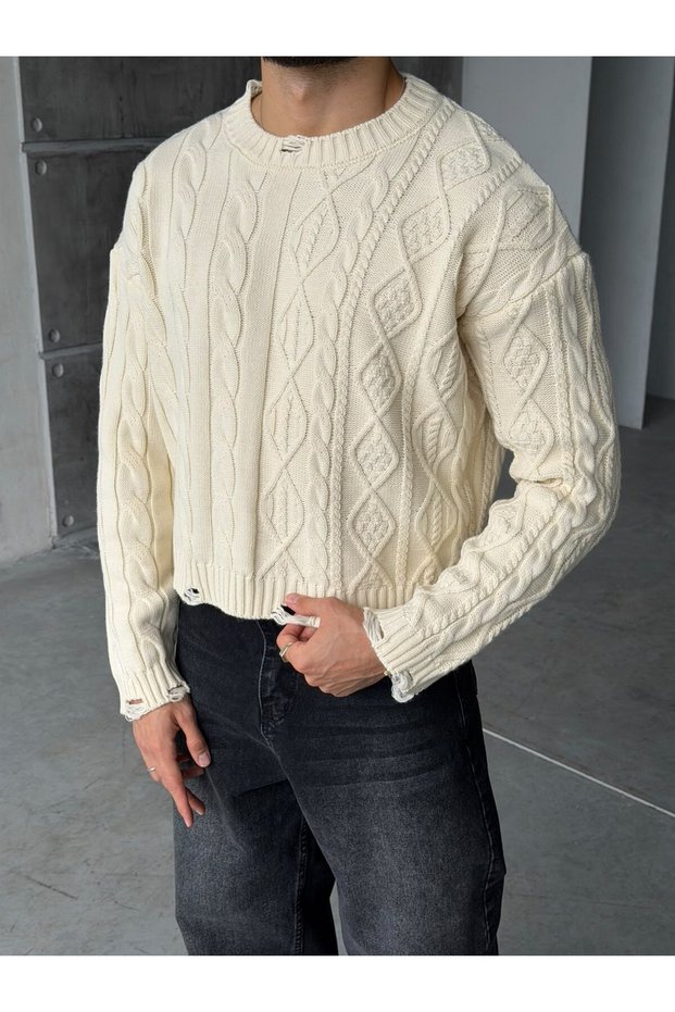 Crop Cut Knitted Patterned Knitwear Cream