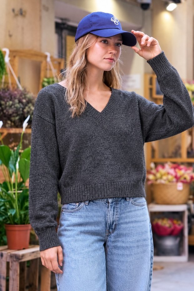 Women's Oversize V-Neck Long Sleeve Casual Knitwear Anthracite Sweater