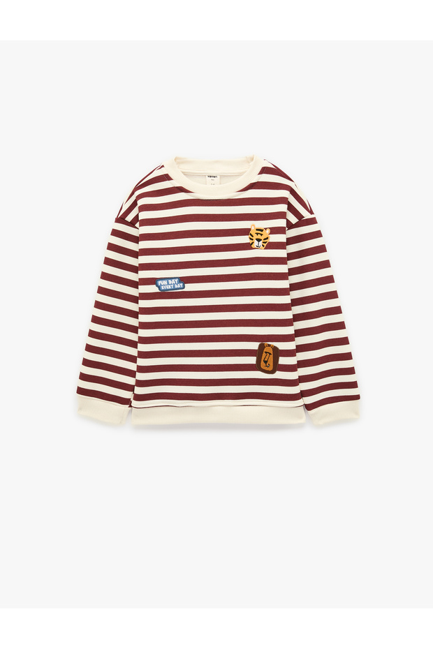Cat Embroidered Shaded Crew Neck Long Sleeve Oversized Striped Sweatshirt