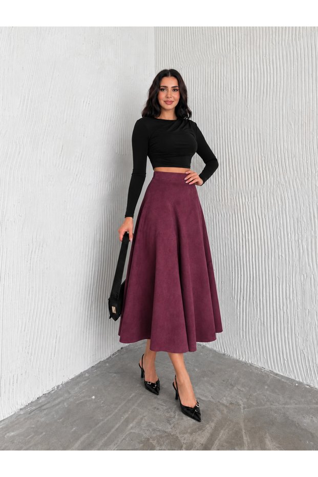 Women's Suede Burgundy Color Flared Skirt