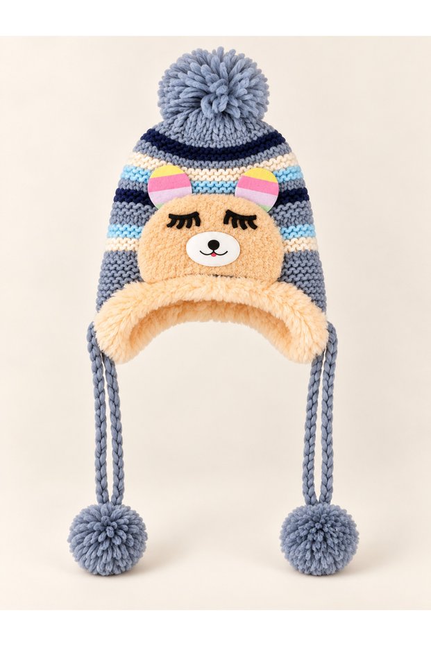 Girls Boys 0-4 Years Old Teddy Bear Figured Pompom Beanie Plush Lined Ear Protection Drawstring Striped Winter Hat Beanie