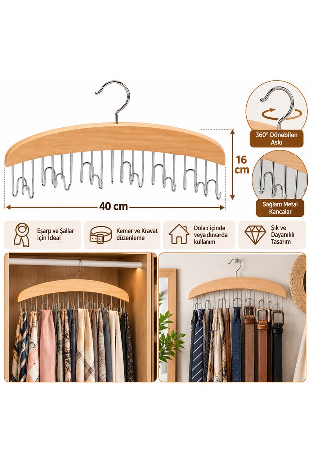 Wooden Multi-Hanger Organizer 40 cm – Scarf, Shawl, Belt and Tie Organizer Hanger with Metal Hooks