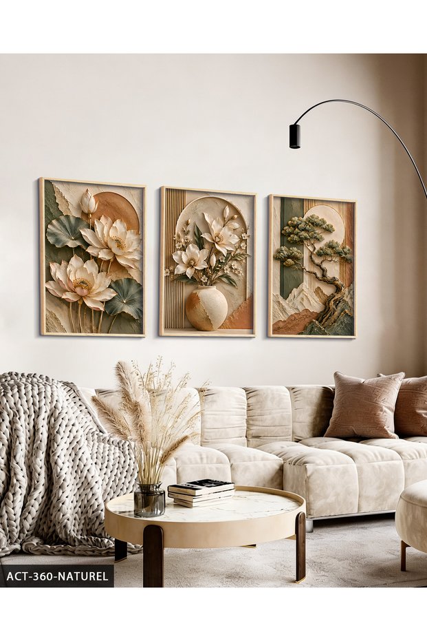 Textured Appearance Soft Tree and Flower 3 Piece Wooden Framed Painting Act