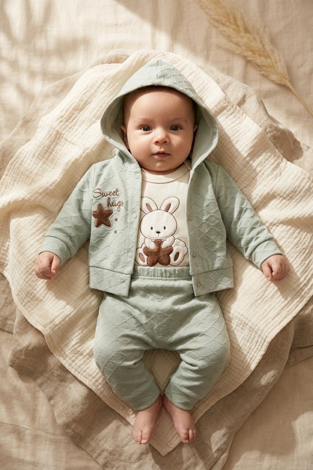 Lumi Bunny Cotton 3-Piece Baby Set - Green Color Hooded Jacket, Bodysuit and Pants Set