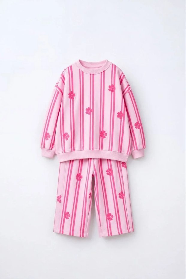 Kuız Çocuk Floral Patterned Striped Pink 100% Cotton Set