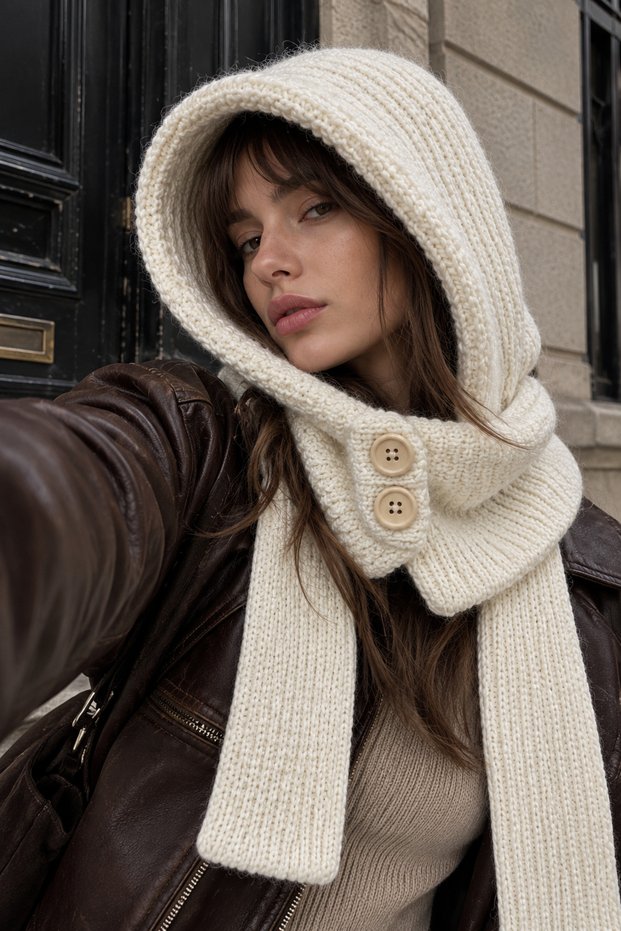 Cozy Hood Unisex Button Detailed Soft Knitted Balaclava Hooded Scarf Neck Warmer
