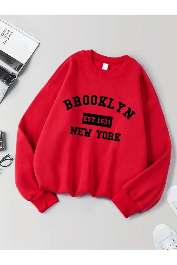 Brooklyn Printed Cotton 3 Thread Threaded Crew Neck Oversize Sweatshirt