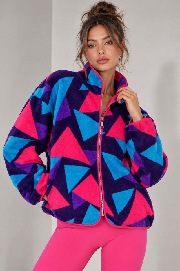 1061 Women's 80S Retro Geometric Patterned Side Pocket Zippered Fleece Sweatshirt