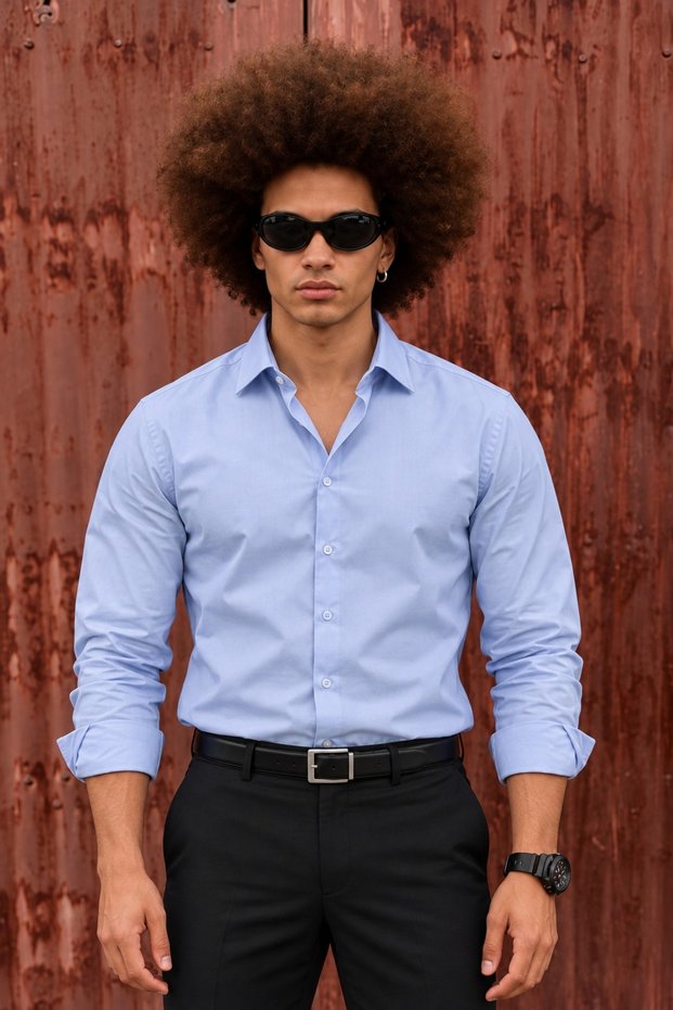 Men's Classic Stylish Long Classic Buttoned A.Blue Shirt