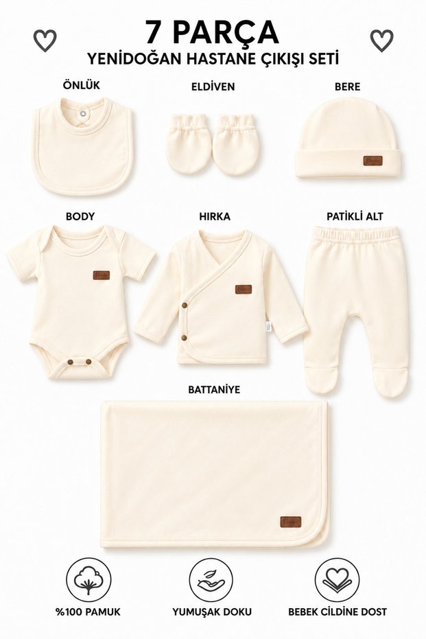 7 Piece 100% Cotton Newborn Hospital Discharge Set Ecru – Unisex Baby Clothing Set with Blanket