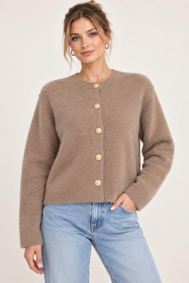 New Season Gold Button Detailed Soft Bearded Knitwear Women's Cardigan – Crew Neck, Stylish and Modern Design
