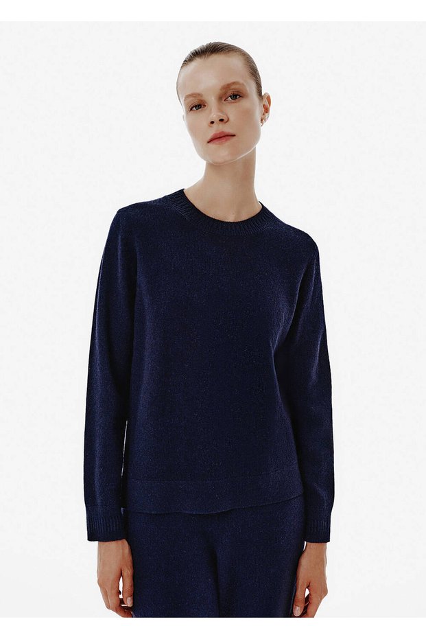 Rib Detail Round Neck Navy Blue Cashmere Knitwear