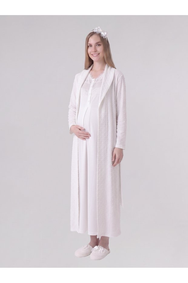 Guipure lace jacquard textured fabric maternity & postpartum nightgown robe set - nursing buttoned long 2-piece set