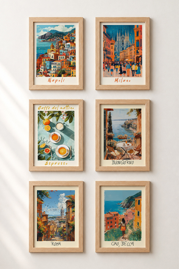 6 Piece Naples, Milan and Rome Framed Art Set Italy Posters Wall Decor Sixmx15