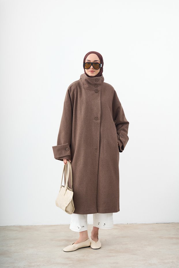 Women's Stand Collar Sleeve Button Detail Lined Oversize Cashmere Coat Mink