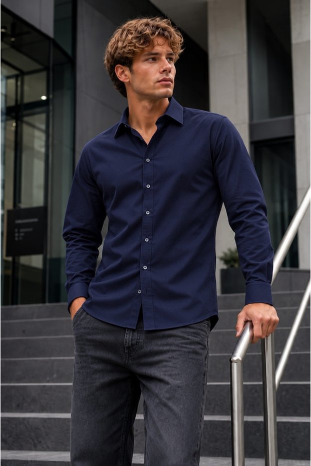 Men's Classic Collar Navy Blue Premium Shirt