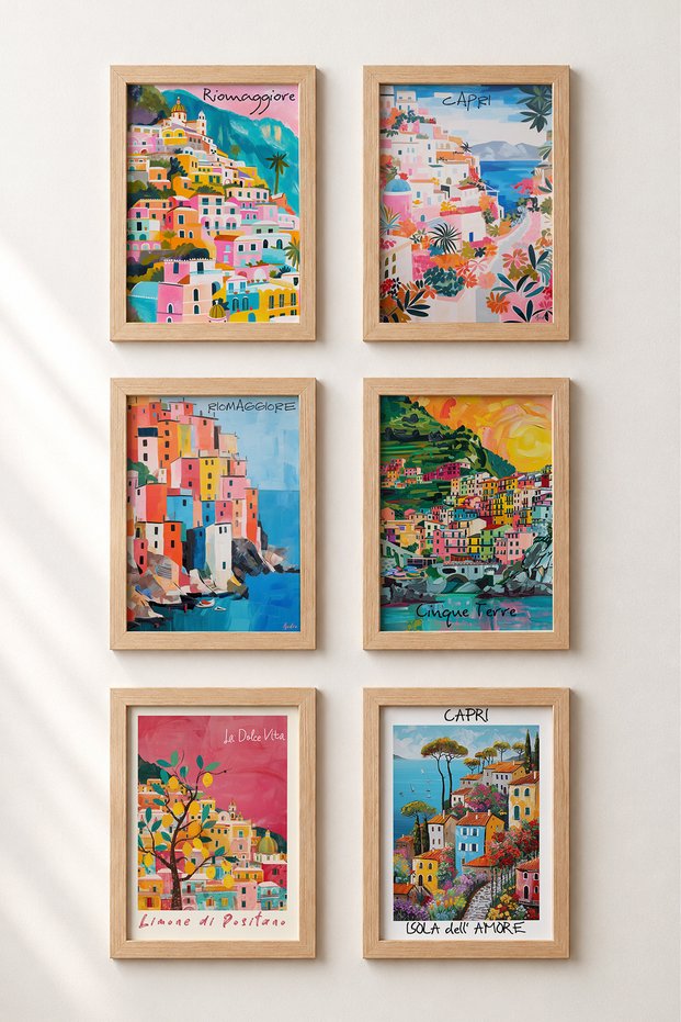 6 Piece Colorful Hillside Houses Framed Painting Set Italy Posters Wall Decor Sixit17