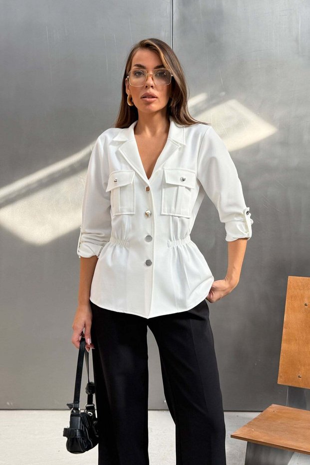 Women's White Double Pocket Elastic Waist Shirt Blouse