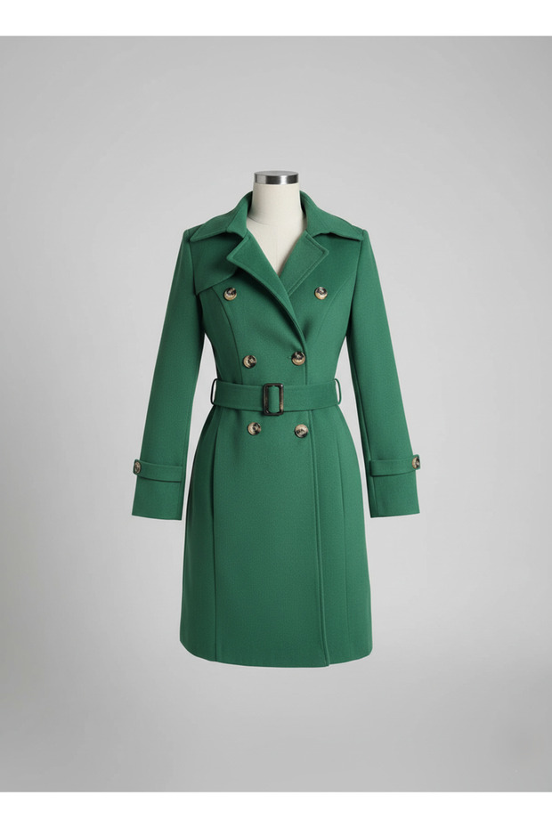 Alfateks Women's Short Cashmere Coat with Double Breasted Buttons and Belt