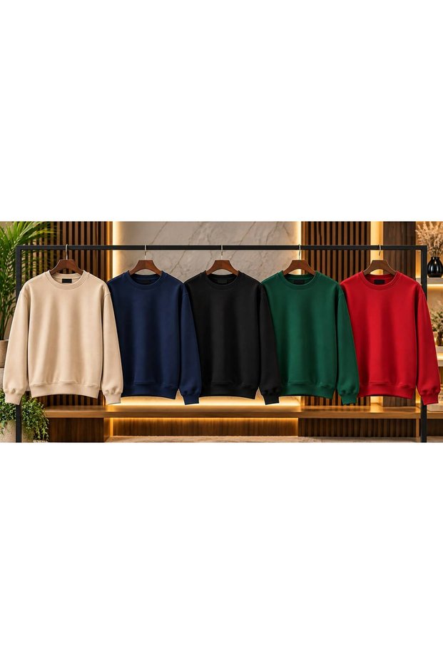Unisex 5-Piece Multi-Pack Plain Crew Neck Oversize Sweatshirt Set - Beige / Navy Blue / Black / Green / Red