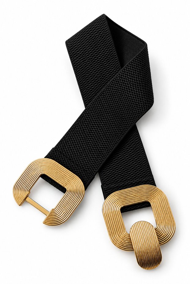 Women's Gold Buckle Wide Elastic Belt – Flexible Belt – Dress and Jacket Belt