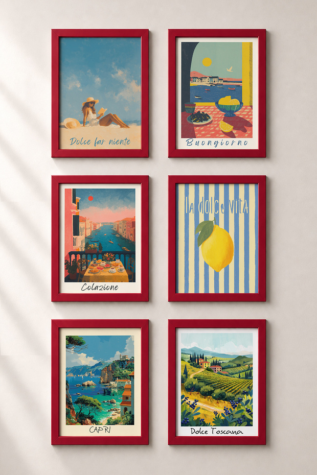 6 Piece Dolce Far Niente Framed Painting Set Italy Posters Living Room Kitchen Gallery Wall Sixmx04