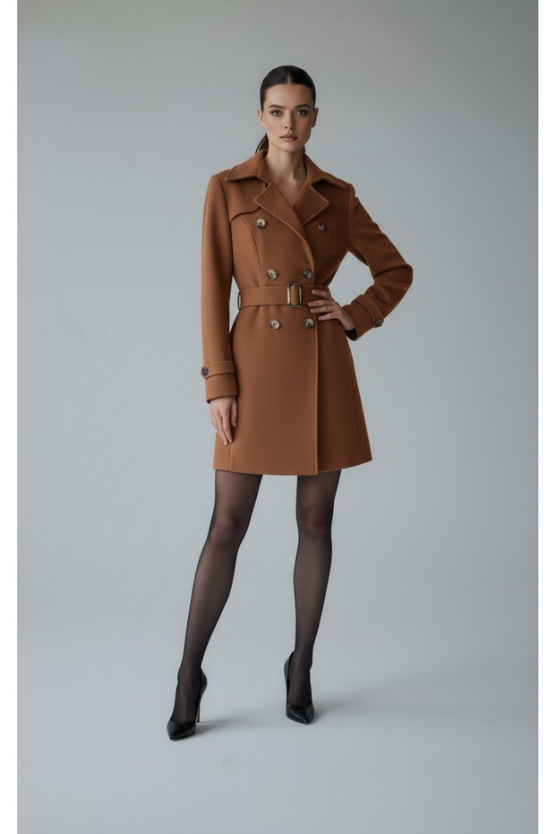 Alfateks Women's Short Cashmere Coat with Double Breasted Buttons and Belt