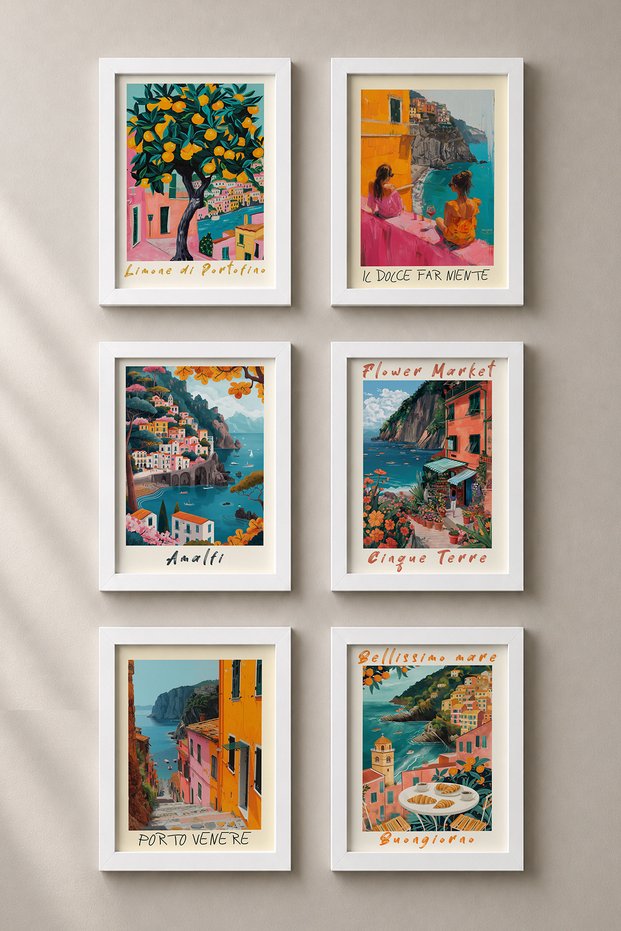 6 Piece a Day in the Riviera Framed Painting Set Italy Posters Living Room Kitchen Gallery Wall Sixmx18