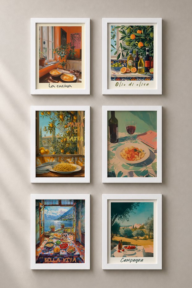 6 Piece Olive Oil and Pasta Framed Painting Set Italy Posters Wall Decor Sixit48