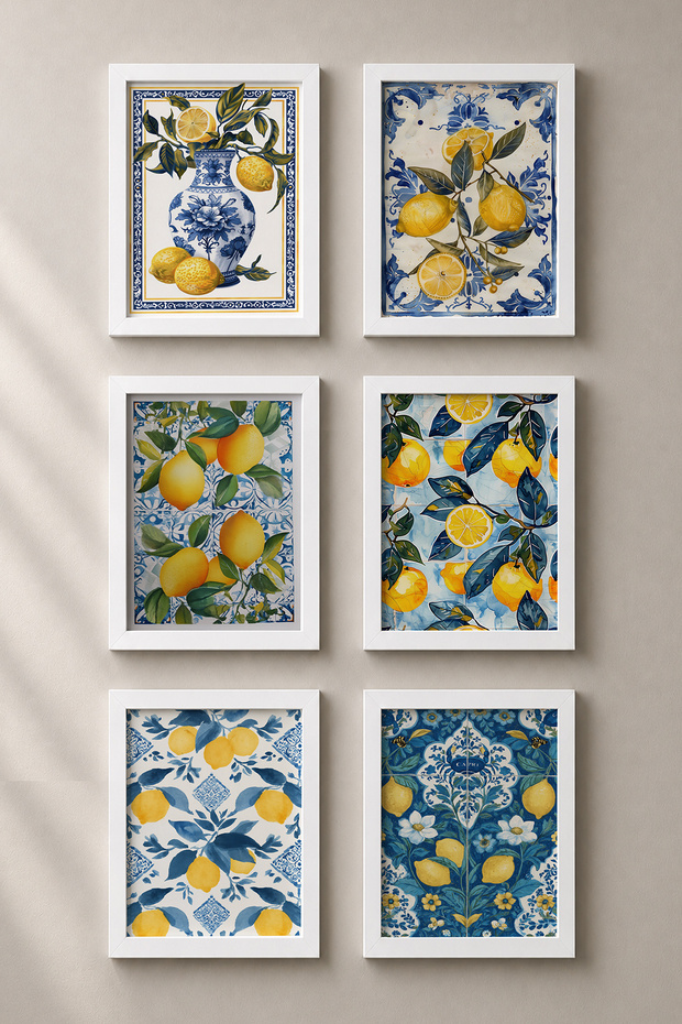 6 Piece Lemon Tile Patterns Framed Painting Set Italy Posters Wall Decor Sixit24