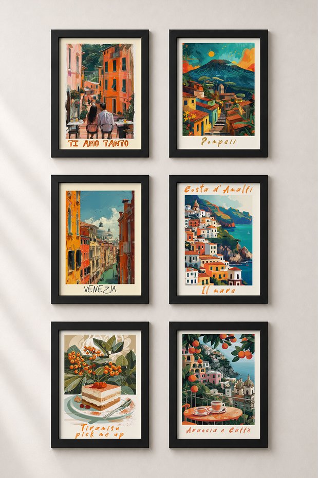 6 Piece Amalfi to Venice Framed Painting Set Italy Posters Wall Decor Sixmx19