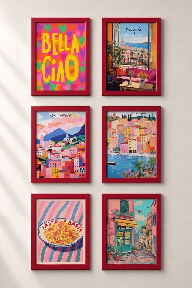 6 Piece Bologna and Portofino Framed Painting Set Italy Posters Wall Decor Sixmx10