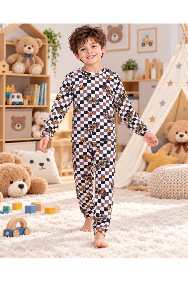 Boy's checkered and teddy bear print cream-colored long-sleeve cotton pajama set