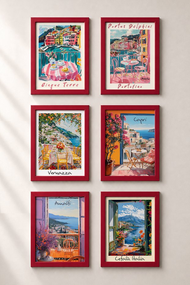 6 Piece Sea View from the Balcony Framed Painting Set Italy Posters Wall Decor Sixit19