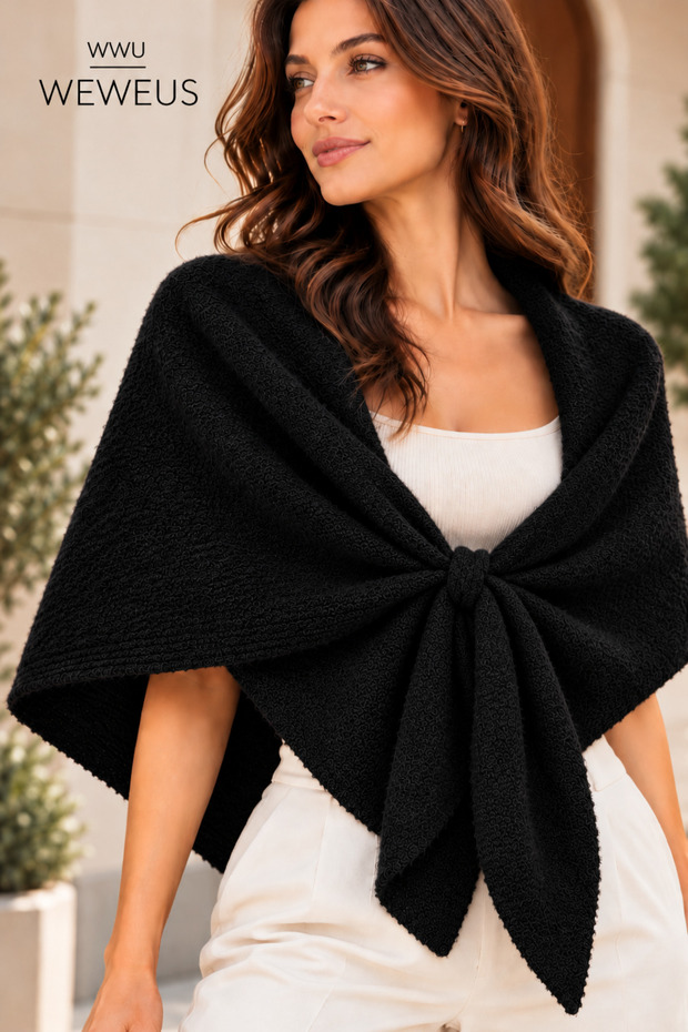 Black Soft Textured Front-Tie Women's Shoulder Shawl